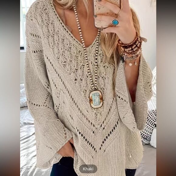 Sweaters - Paille V neck loose pullover casual knitted sweater hollow out chic khaki sz M